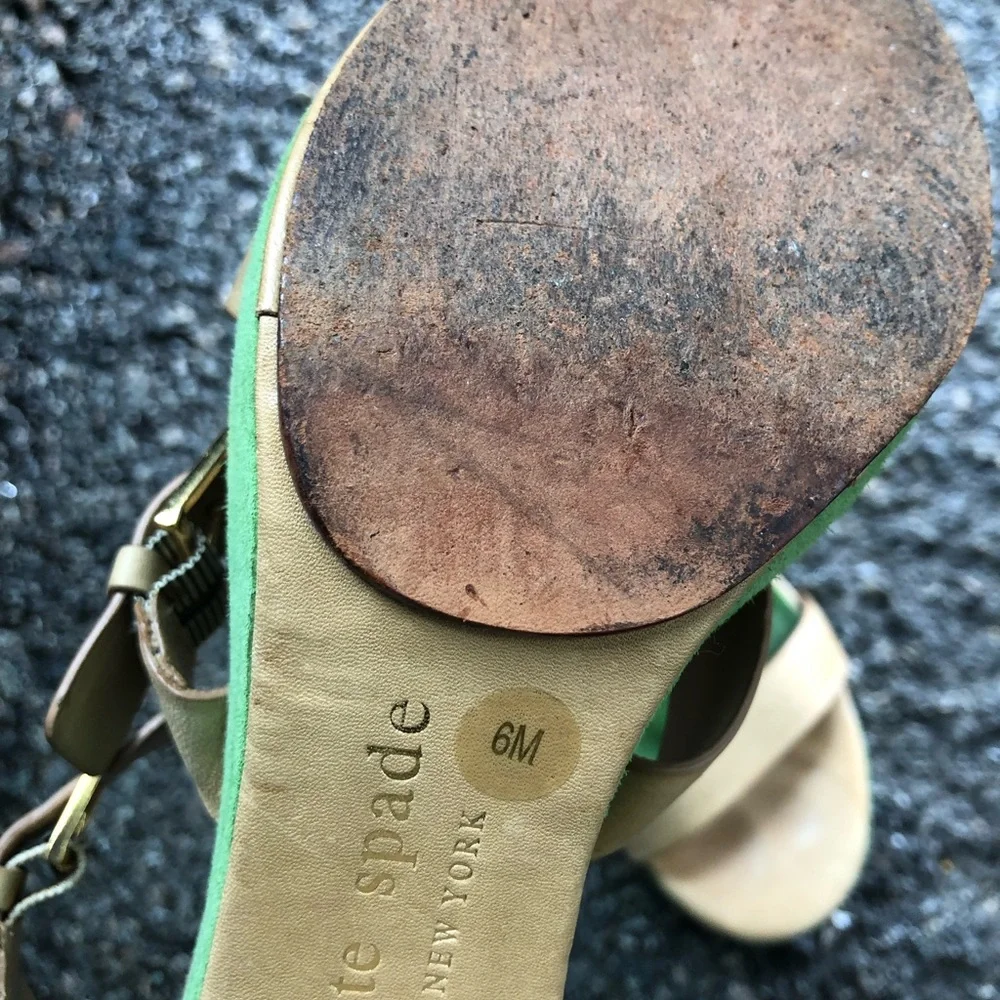 kate spade Green and Tan Suede Leather Block Heel Sandals